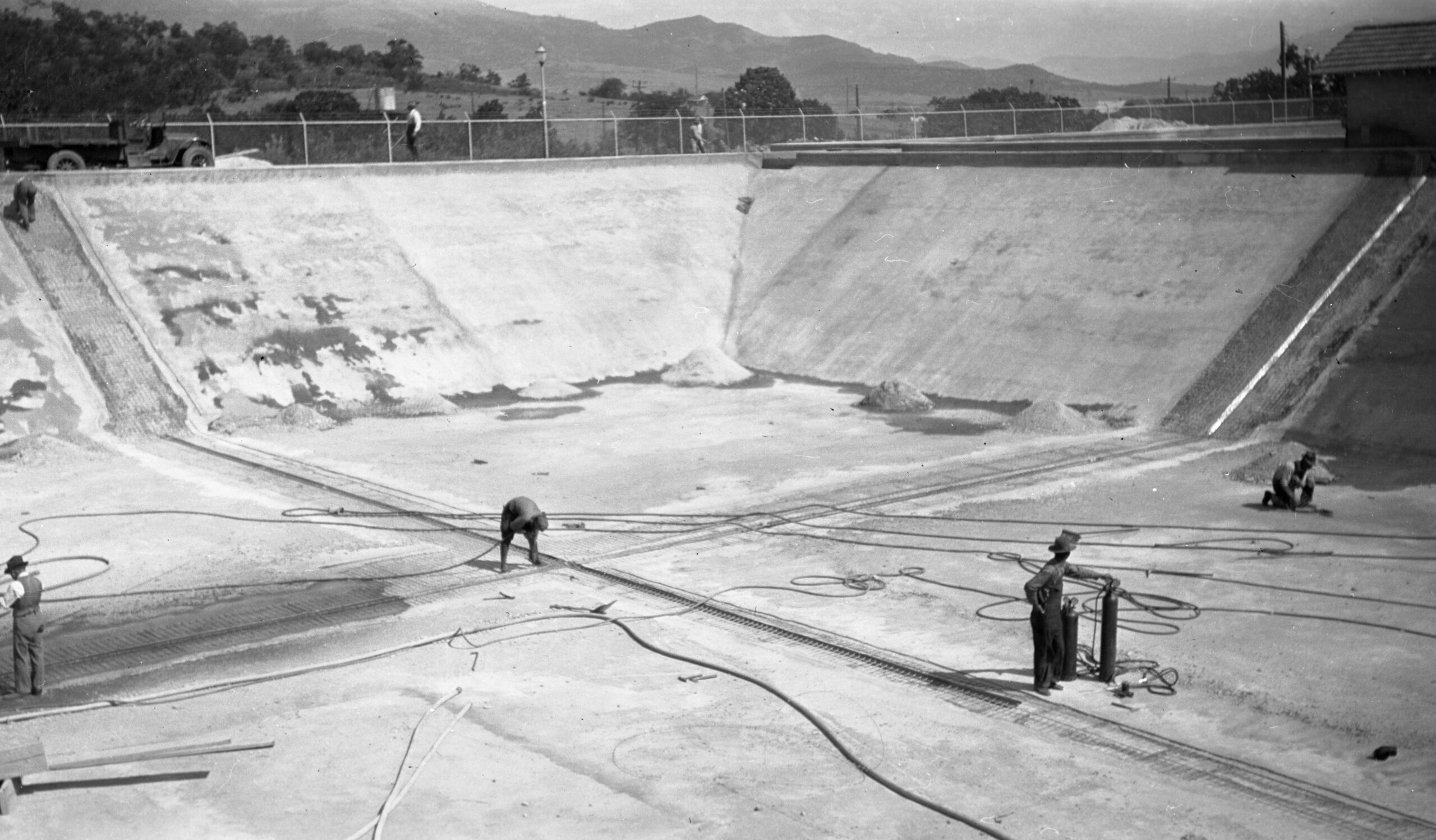 capital hill reservoir being created long ago in a black and white image