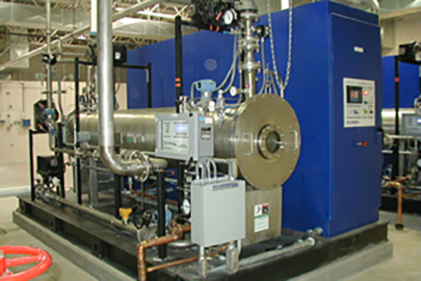 A blue ozone generator inside a building