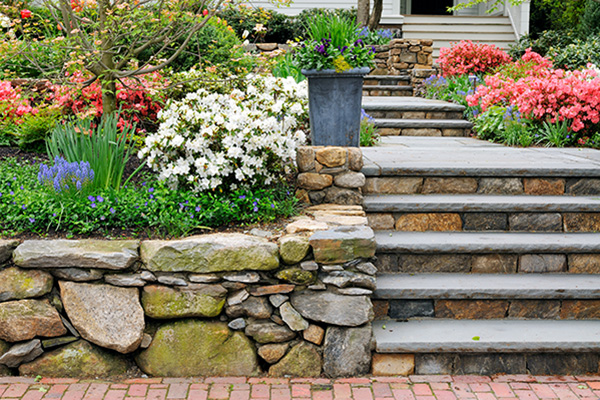 Natural stone steps and retaining wall, planter and garden border framing home entrance.