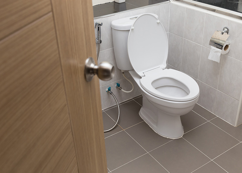 A low flow toilet installed in a clean modern bathroom.